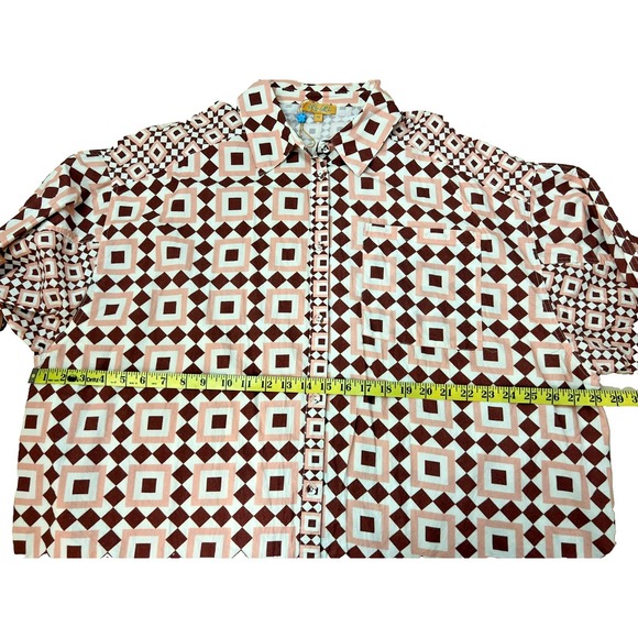 VRG GRL Button Up Shirt/Tunic Cotton Brown Pink Diamond Print Long Sleeve SZ 14 - Picture 12 of 14